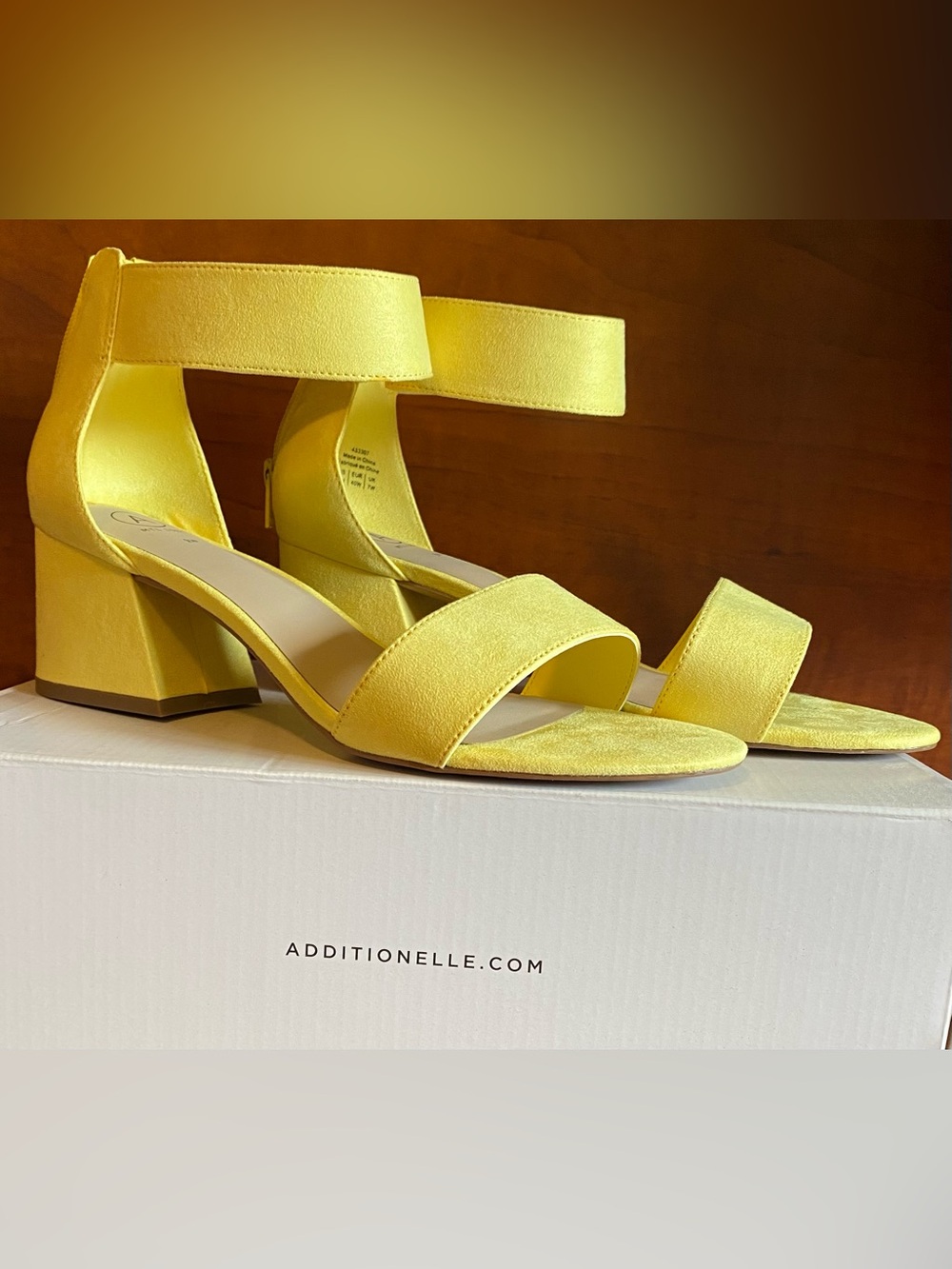 Addition Elle Lemon Drop Suede Ankle-Strap Block Heel Sandals. 2 1/4” heel. 9W.